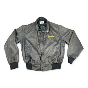 Vintage Swingster Jacket Adult LARGE Black Satin Squadron Spell Out Satin 80s